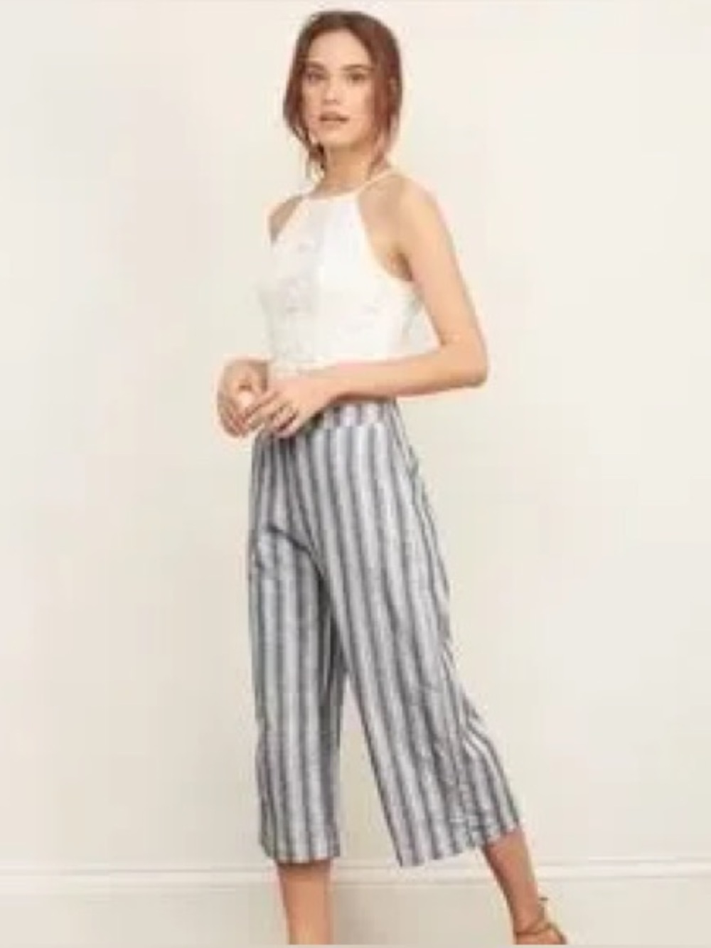 Abercrombie & Fitch Linen Blend Blue White Striped Cropped Leg Pants Size Small
